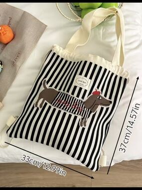 Striped Dachshund Tote Bag - Cream & Black